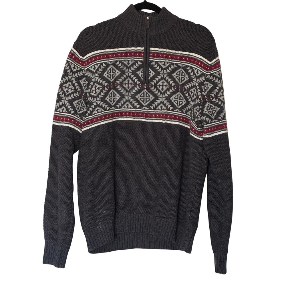 IZOD Quarter-Zip Sweater Charcoal Gray Fair Isle Nordic Geometric Mens Large L
